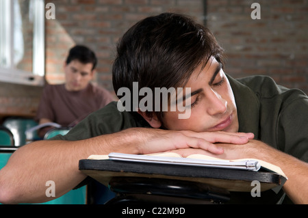 Studente, dormire a, università, campus, annoiato, prendere, prendere l'esame, post, primario, secondario, high school, scuole. Foto Stock