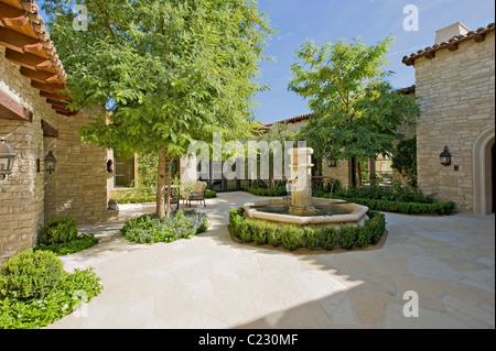 Esterno della casa nella luce del giorno con una fontana:alberi e piante Foto Stock