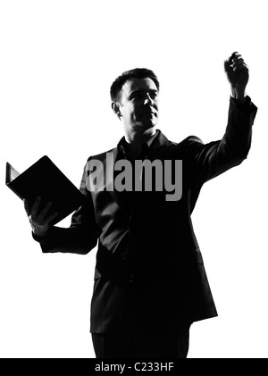 Silhouette caucasian uomo d affari con appunti che esprimono il comportamento di lunghezza completa su studio isolato sfondo bianco Foto Stock