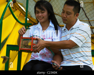 Amare giovane rilasciando gli uccelli per rendere merito e buona fortuna, i campi di girasole di lopburi e saraburi, Tailandia centrale Foto Stock