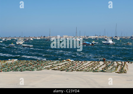 Le reti da pesca allineate sulla banchina del porto nel Mediterraneo Porto di San Pedro del Pinatar, Murcia, Spagna. Foto Stock