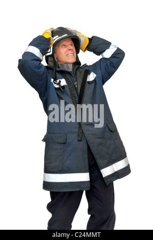 Vigile del fuoco in uniforme isolato in bianco Foto Stock
