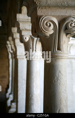 Sculture di fiori sul chiostro pilastri, l'Abbaye de Senanque, Vaucluse Provence, Francia. Foto Stock