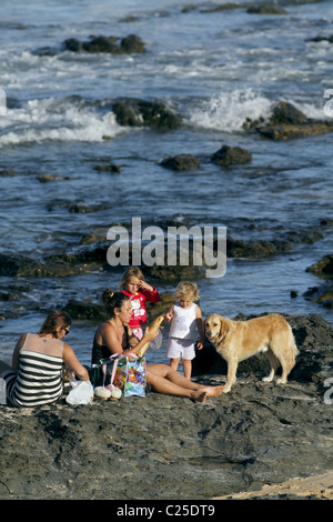 Le persone aventi picnic su rocce JEFFREY'S BAY EASTERN CAPE SUD AFRICA 26 Gennaio 2011 Foto Stock