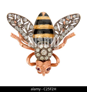 Antique Victorian 14ct Rose Gold honeybee spilla con 39 diamanti e gli occhi di Ruby Foto Stock