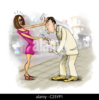 Illustrazione umoristica di uomo che cerca di kiss donna su un lato Foto Stock