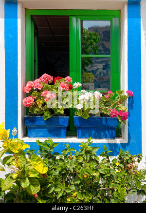 Gerani in vasi di creare un display colorato in una finestra in Puerto Mogan, Gran Canaria Foto Stock