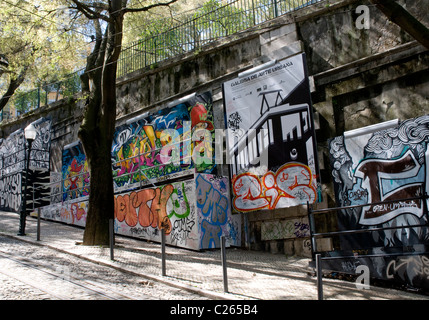 Graffiti decorano le pareti di Calçada da Glória, una ripida stradina nel centro di Lisbona Foto Stock