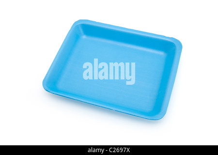 Plastica blu vassoio per alimenti con sfondo bianco Foto Stock