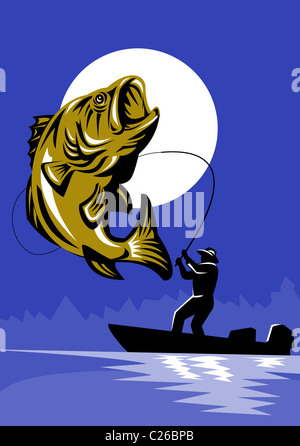 Illustrazione di un Largemouth Bass Fish jumping essendo avvolto dal Pescatore a mosca sul bass boat con canna da pesca fatto in stile retrò Foto Stock