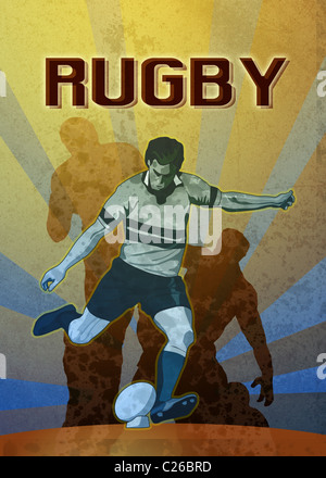 Illustrazione di un giocatore di rugby calciare il pallone con sunburst in background con texture grunge Foto Stock