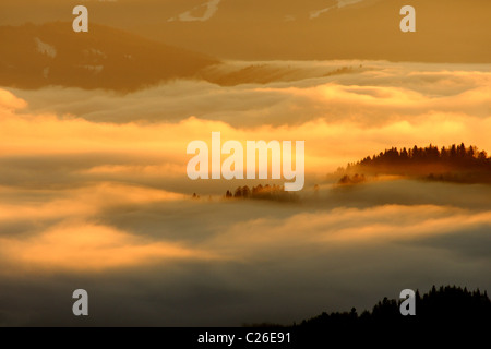 Mattina nuvole e nebbie in montagne polacche - sunrise in Beskid Sadecki, Polonia Foto Stock