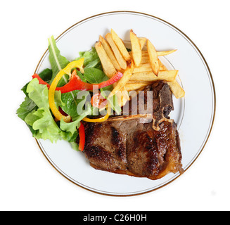 Vista da sopra di un pasto a base di bistecca con l'osso, insalata e patatine fritte Foto Stock