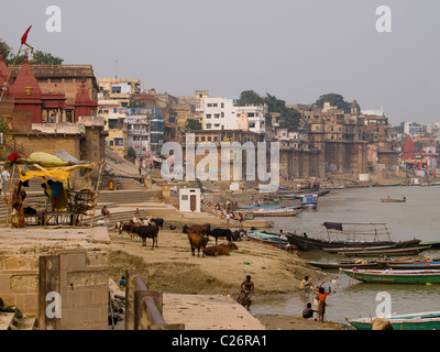 La vita quotidiana in alvei fluviali del Gange a Varanasi, India Foto Stock