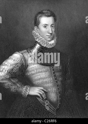 Sir Philip Sidney (1554-1586) su incisione da 1838. Poeta inglese, cortigiano e soldato. Foto Stock