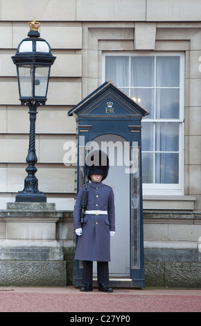 Un membro del Queens ronde di controllo fuori Buckingham Palace, il funzionario residenza londinese del monarca britannico. Foto Stock
