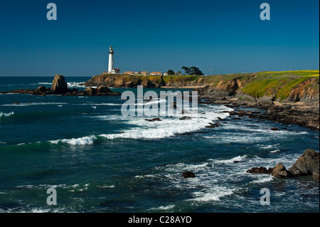 Arroccato su una rupe sulla centrale di costa della California, 50 miglia a sud di San Francisco, è il 115-piede Pigeon Point Lighthouse. Foto Stock