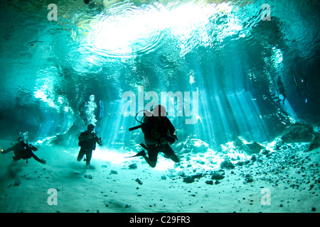 I subacquei in un cenote in Messico. Foto Stock