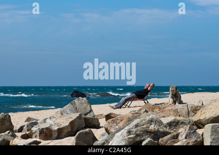 Un uomo a prendere il sole sulle rive dell'oceano Atlantico nel piccolo villaggio Angeiras, Portogallo Foto Stock