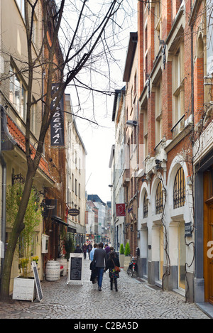 Stretta viuzza acciottolata (Wijngaardstraat) nella città vecchia, Anversa, Belgio Foto Stock