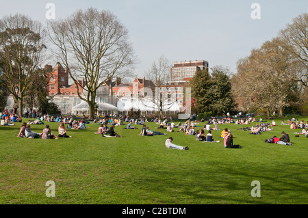 La folla si raccolgono sull'erba al di fuori del Palm Victorian House, Giardini Botanici, Belfast durante una calda giornata di primavera Foto Stock