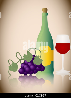 Bottiglia di vino con uve e vetro Foto Stock