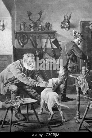 Cacciatori con un cane preparando per andare a caccia, illustrazione storico, ca. 1893 Foto Stock