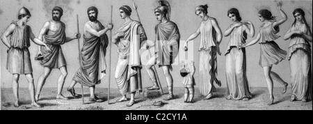 Costumi greci: da sinistra, 1. chiton 2. exomis 3./4. himation 5. chlamys 6. i bambini del vestito 7./8. Donna chiton 9. Chito dorico Foto Stock