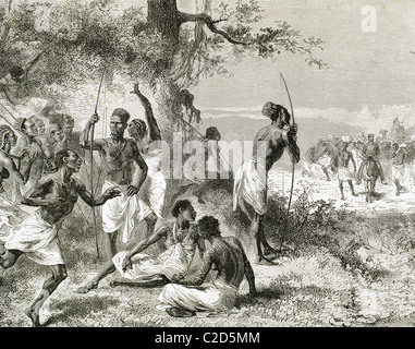 Storia dell'Africa. La carovana del dottor Livingstone ha trovato un gruppo di indigeni armati. Incisione di A. Beatrand. 1882. Foto Stock