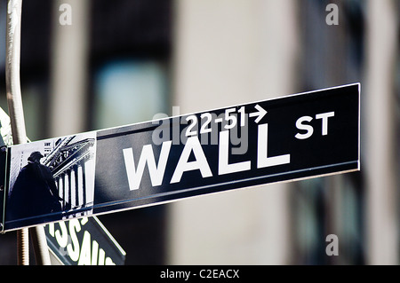 Wall Street Road canta nel Financial District, Lower Manhattan, New York City, USA. Primo piano dell'iconico cartello stradale bianco e nero. Foto Stock