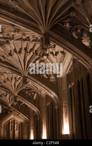 Particolare del soffitto ornato a Oxford University la Libreria di Bodleian divinità scuola. Foto Stock
