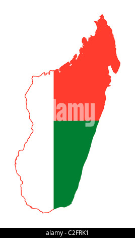 Illustrazione del Madagascar bandiera sulla mappa del paese; isolati su sfondo bianco. Foto Stock