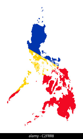 Illustrazione della Bandiera delle Filippine sulla mappa del paese; isolati su sfondo bianco. Foto Stock