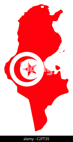Illustrazione della bandiera della Tunisia sulla mappa del paese; isolati su sfondo bianco. Foto Stock
