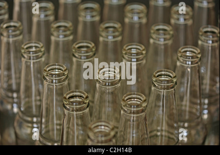 Close-up di un gruppo di vuoto chiaro-bottiglie in vetro Foto Stock
