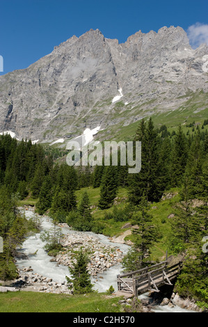 Un torrente di montagna che scorre attraverso la Valle di Lauterbrunnen, Svizzera Foto Stock