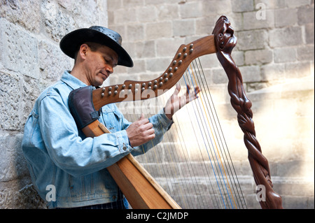 Il suonatore d'arpa di eseguire nelle strade del quartiere Gotico di Barcellona, Spagna Foto Stock