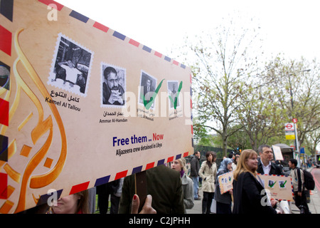 NUJ protesta alla libera Al Jazeera equipaggio in Libia Foto Stock