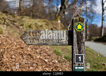 Cartello per Glen Maria & Yew Tree Tarn, Tarn Hows, Parco Nazionale del Distretto dei Laghi, Cumbria, Inghilterra, Regno Unito. Foto Stock