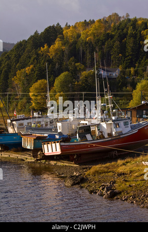Barche da pesca spiaggiata durante la bassa marea. Alma, New Brunswick, Canada Foto Stock