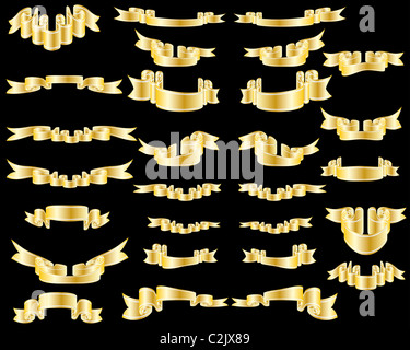 Set di vettore d'oro nastri su sfondo nero Foto Stock