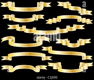 Set di vettore d'oro nastri su sfondo nero Foto Stock