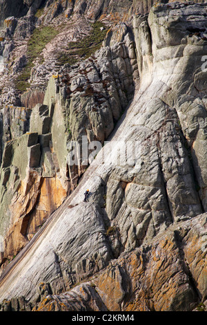 Scalatore salendo Devils scorrere su Lundy Island, Devon, Inghilterra Regno Unito nel mese di marzo - piano naturale nel granito Foto Stock