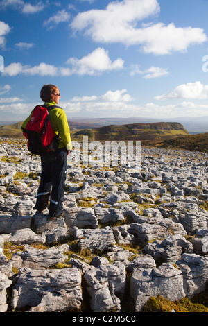 Walker nel mezzo di calcare sul marciapiede Keelogyboy Mountain, nella Contea di Leitrim, Irlanda. Foto Stock