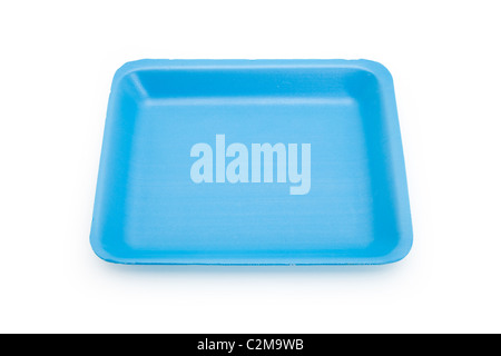 Plastica blu vassoio per alimenti con sfondo bianco Foto Stock