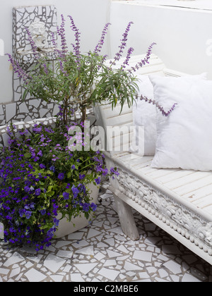 Dettaglio del bianco piastrelle terrazzo, bianco di posti a sedere in legno e blu e malva fiori in vaso Foto Stock