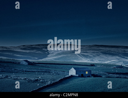 Fienile con luce notturna in Yorkshire Dales, England, Regno Unito Foto Stock