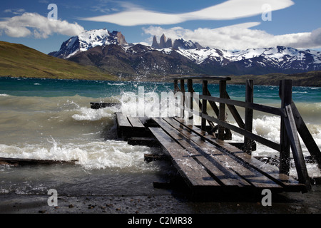 Viste di Torres del Paine, attraverso la Laguna Azul, Patagonia, Cile, America del Sud. Foto Stock