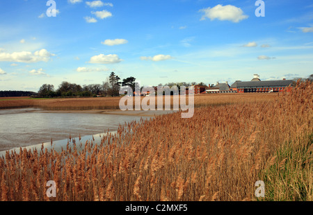 Alde Fiume e vista di Snape Maltings a bassa marea, Snape, a Saxmundham, Suffolk, Inghilterra, Regno Unito Foto Stock