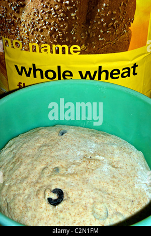 Ciotola tutta la farina di grano pane pizza pasta lievitata con olive nere dopo l'impasto in attesa di origine Foto Stock